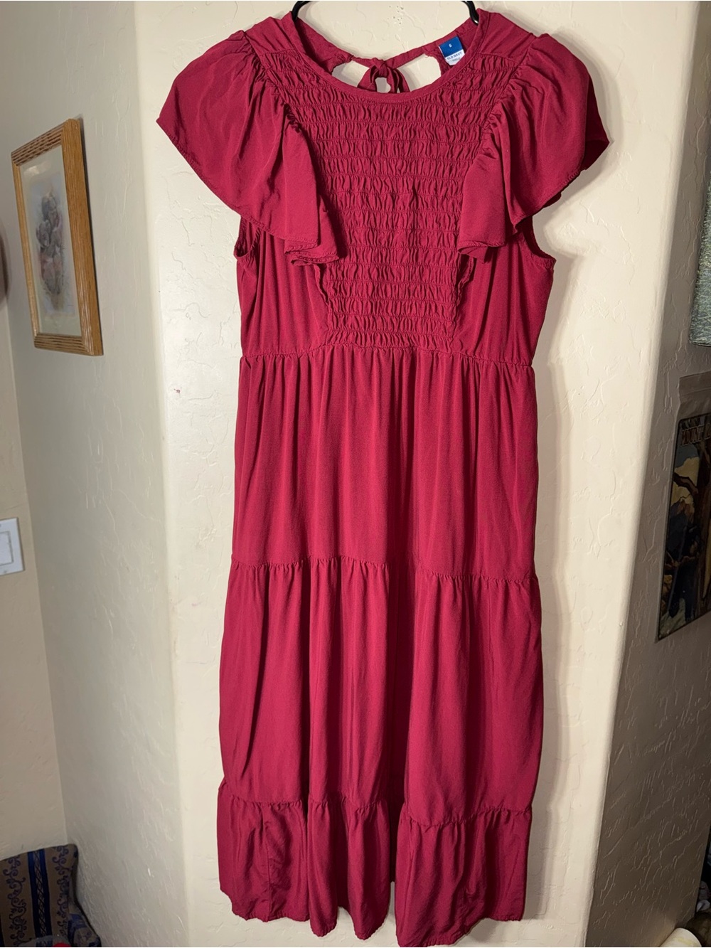 Old Navy Burgundy Smocked Flutter Sleeve Tiered Midi Dress Cottagecore Small